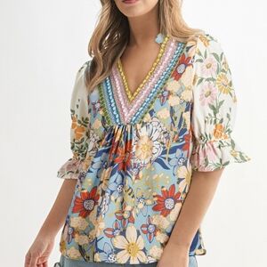 Floral Multicolor Blouse with V-Neck